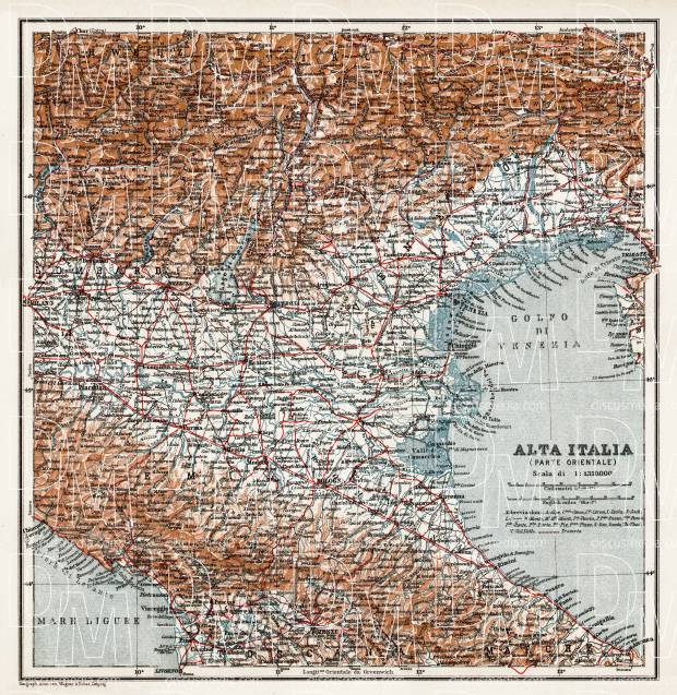 Alta Italia - North Italy map, 1908. Eastern part. Use the zooming tool to explore in higher level of detail. Obtain as a quality print or high resolution image