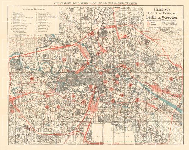 Berlin city map, 1909 (Kiessling´s Kleiner Verkehrsplan von Berlin mit Vororten). Use the zooming tool to explore in higher level of detail. Obtain as a quality print or high resolution image