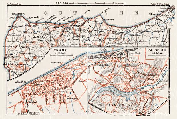 Cranz (now Zelenogradsk) and Rauschen (now Svetlogorsk) town plans with map of their suburbs, 1911. Use the zooming tool to explore in higher level of detail. Obtain as a quality print or high resolution image