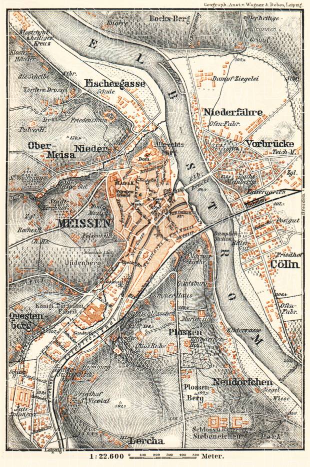 Meissen (Meißen) city map, 1887. Use the zooming tool to explore in higher level of detail. Obtain as a quality print or high resolution image