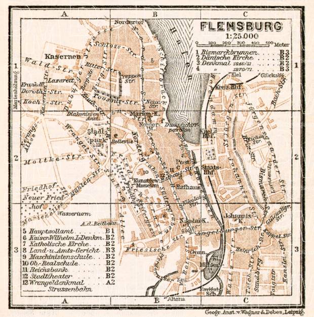 Flensburg city map, 1911. Use the zooming tool to explore in higher level of detail. Obtain as a quality print or high resolution image