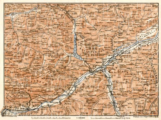 Map of the Achensee Lake and Inn River valley from Innsbruck to Kufstein, 1906. Use the zooming tool to explore in higher level of detail. Obtain as a quality print or high resolution image