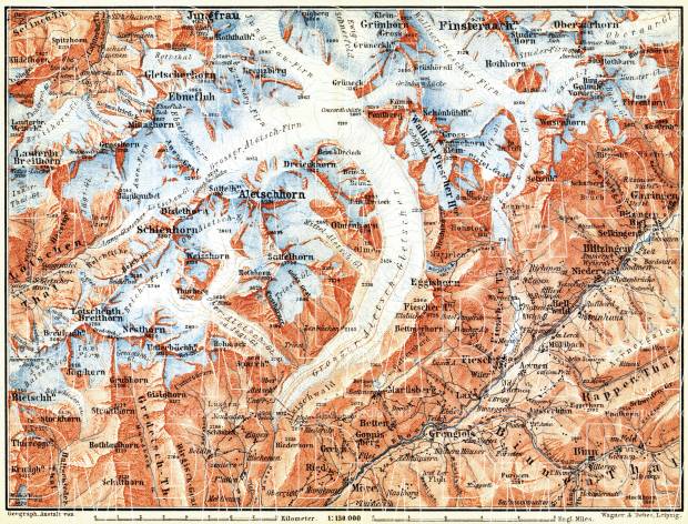 Aletsch Glacier and environs map, 1897. Use the zooming tool to explore in higher level of detail. Obtain as a quality print or high resolution image