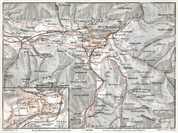 Ischl (Bad Ischl) and environs map, 1910. Use the zooming tool to explore in higher level of detail. Obtain as a quality print or high resolution image