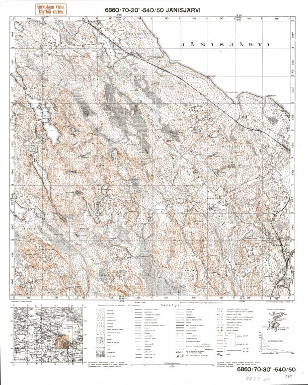 Janisjarvi Lake. Jänisjärvi. Topografikartta 423301. Topographic map from 1938. Use the zooming tool to explore in higher level of detail. Obtain as a quality print or high resolution image