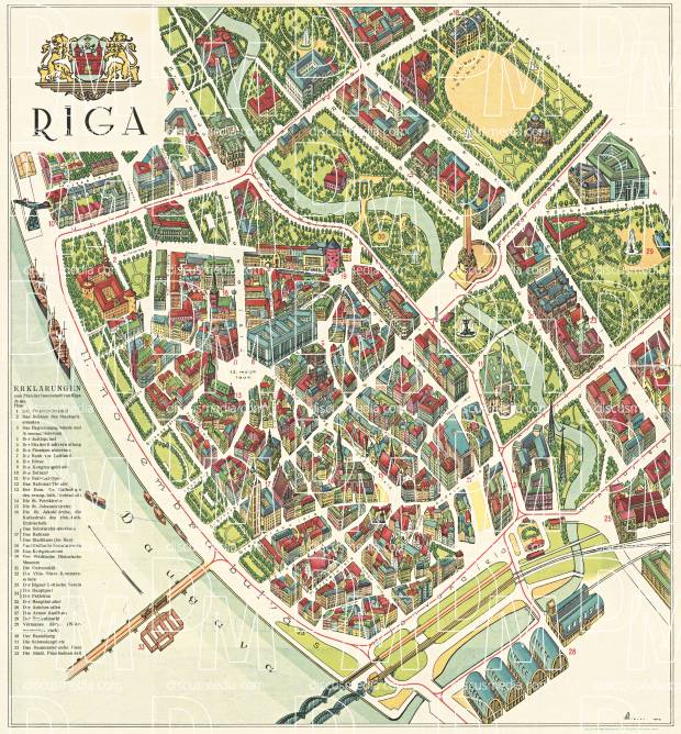 Rīga panoramic map, 1939. Use the zooming tool to explore in higher level of detail. Obtain as a quality print or high resolution image