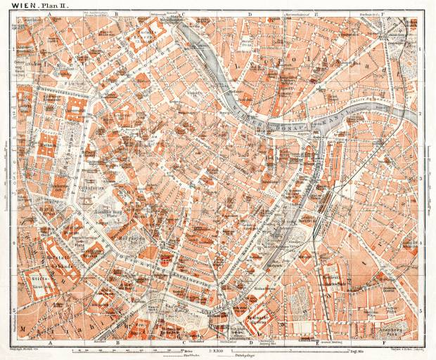 Old map of Vienna (Wien) Center in 1913. Buy vintage map replica poster  print or download picture