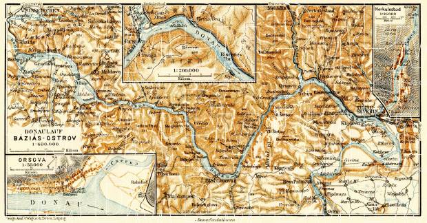 Herkulesbad (Baile Herculane, Herkulesfürdö), Orsova (Orşova), town plans. Orsova environs. Danube River course from Báziás (Baziaş) to Ostrov (Orşova), 1911. Use the zooming tool to explore in higher level of detail. Obtain as a quality print or high resolution image