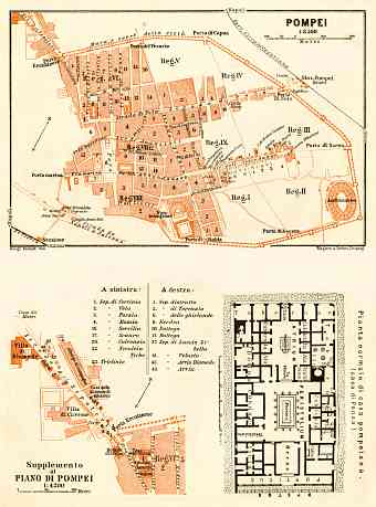 Pompei (Pompeii) general plan with typical street level inset plan, 1929