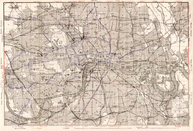 London, city map with tram and tube network, 1909. Use the zooming tool to explore in higher level of detail. Obtain as a quality print or high resolution image