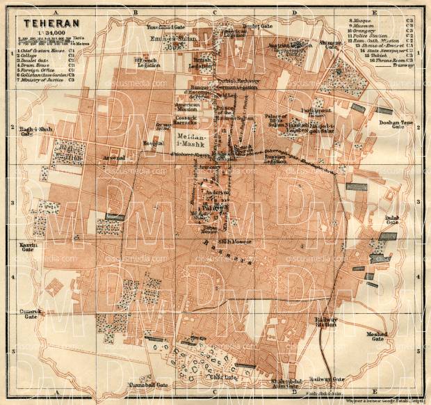 Tehran (تهران) city map, 1914. Use the zooming tool to explore in higher level of detail. Obtain as a quality print or high resolution image
