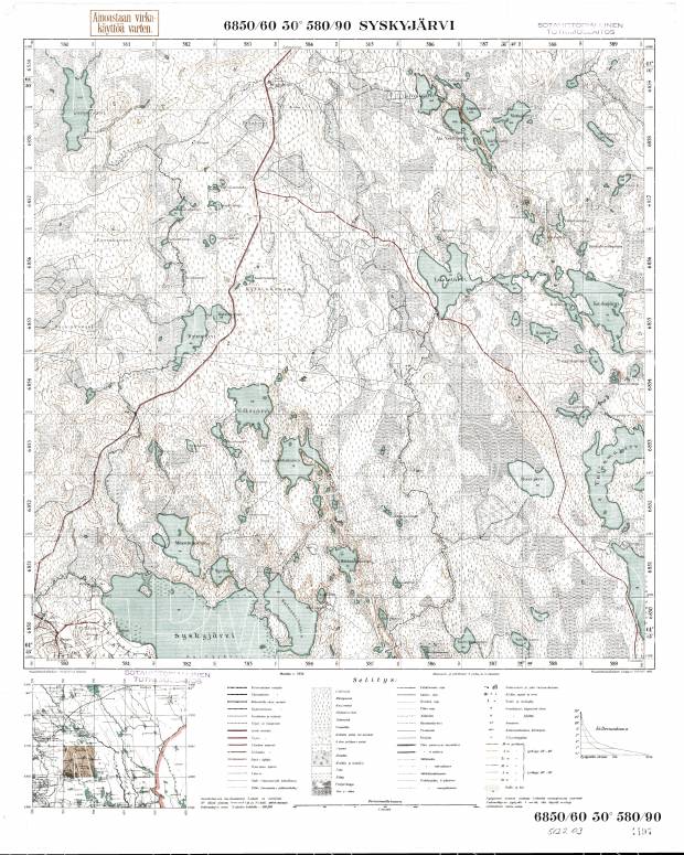 Sjuskjujarvi Lake. Syskyjärvi. Topografikartta 512203. Topographic map from 1938. Use the zooming tool to explore in higher level of detail. Obtain as a quality print or high resolution image