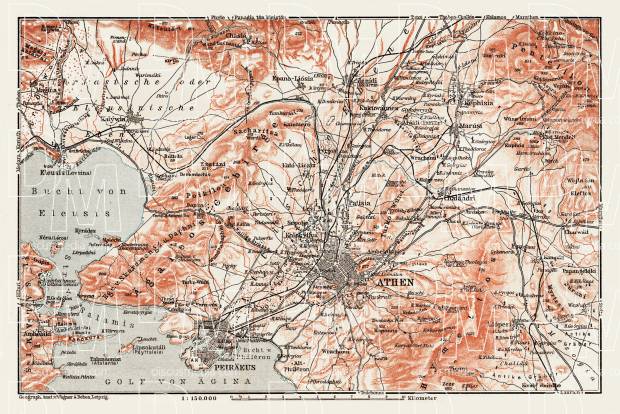 Athens (Αθήνα), map of the nearer environs, 1908. Use the zooming tool to explore in higher level of detail. Obtain as a quality print or high resolution image