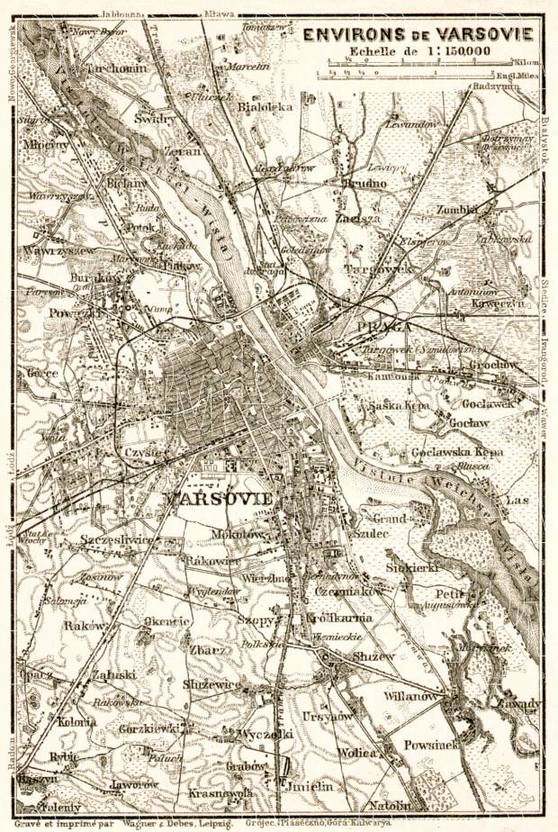 Warsaw (Варшава, Warschau, Warszawa) environs map, 1914. Use the zooming tool to explore in higher level of detail. Obtain as a quality print or high resolution image