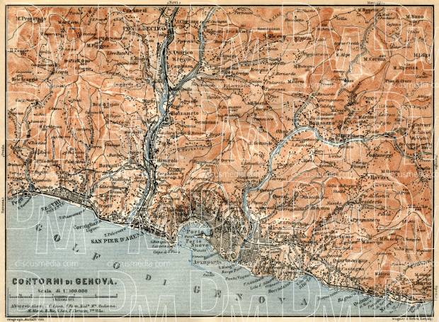 Genoa (Genova) environs map, 1913. Use the zooming tool to explore in higher level of detail. Obtain as a quality print or high resolution image