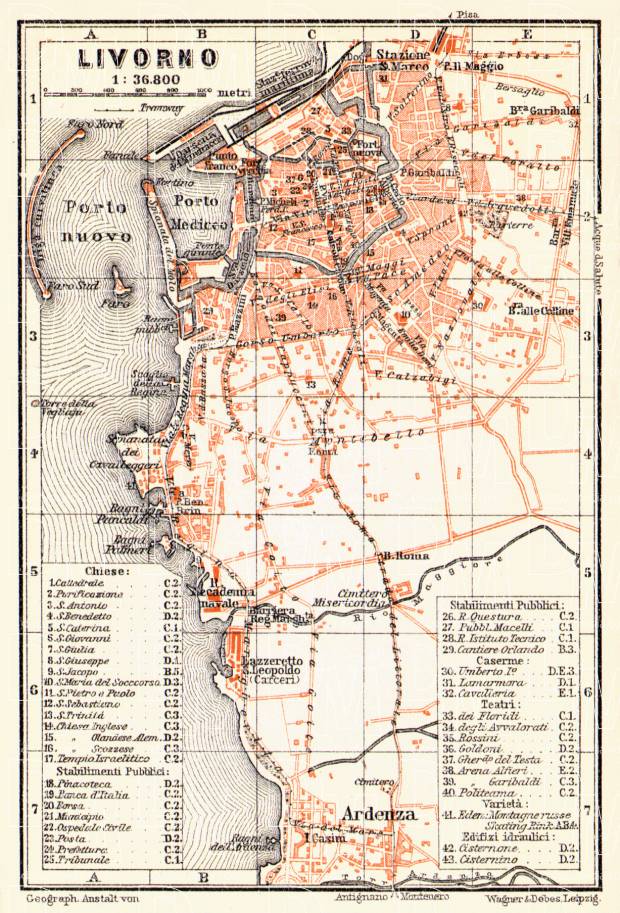 Leghorn (Livorno) city map, 1908. Use the zooming tool to explore in higher level of detail. Obtain as a quality print or high resolution image
