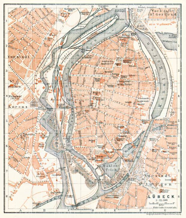 Lübeck city map, 1906. Use the zooming tool to explore in higher level of detail. Obtain as a quality print or high resolution image