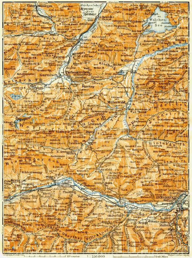 Map of the environs of Garmisch and Partenkirchen, 1906. Use the zooming tool to explore in higher level of detail. Obtain as a quality print or high resolution image