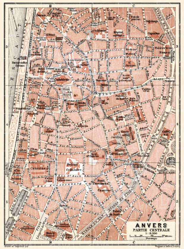 Historische M5 Stadtplan farbig Belgien alte Stadtkarte 1894: Antwerpen 