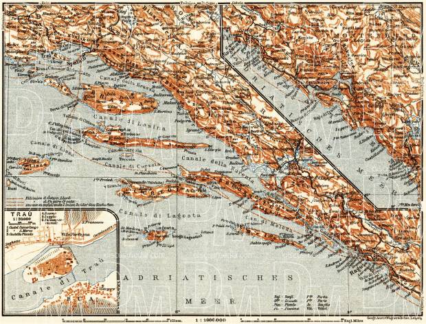 Dalmatian coast from Marina (Bossoglina) to Bari (Antivari) district map. Traù (Trogir) town plan, 1911. Use the zooming tool to explore in higher level of detail. Obtain as a quality print or high resolution image