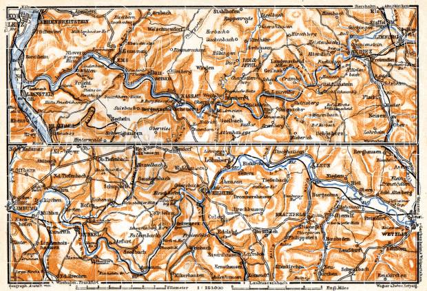 Valley of Lahn River map, 1905. Use the zooming tool to explore in higher level of detail. Obtain as a quality print or high resolution image