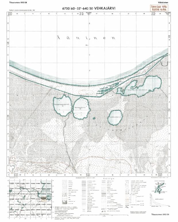 Vehkozero Lake. Vehkajärvi. Topografikartta 515308. Topographic map from 1943. Use the zooming tool to explore in higher level of detail. Obtain as a quality print or high resolution image