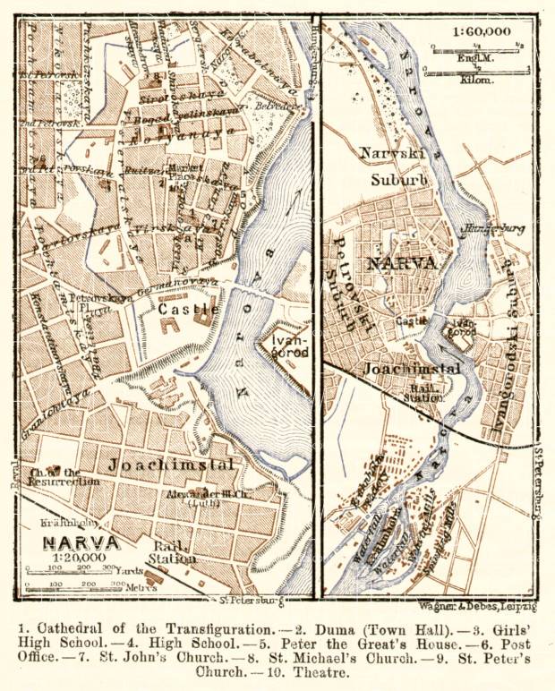 Narva city map, 1914 (with Ivangorod map). Use the zooming tool to explore in higher level of detail. Obtain as a quality print or high resolution image