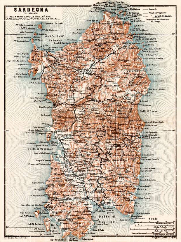 Sardinia (Sardegna) Isle map, 1913. Use the zooming tool to explore in higher level of detail. Obtain as a quality print or high resolution image