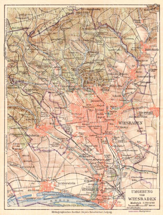 Wiesbaden environs map, 1927. Use the zooming tool to explore in higher level of detail. Obtain as a quality print or high resolution image