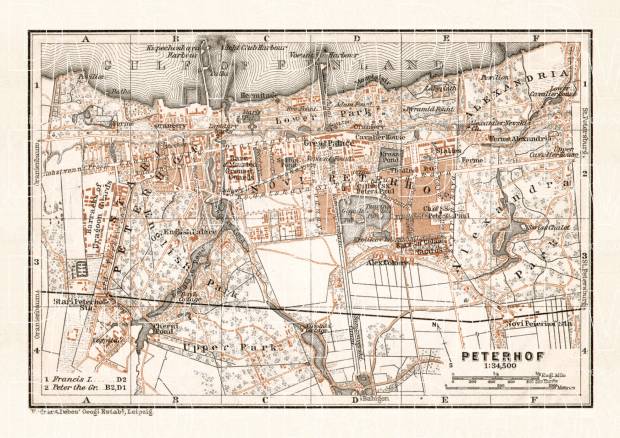Peterhof (Петергофъ) town plan, 1914. Use the zooming tool to explore in higher level of detail. Obtain as a quality print or high resolution image