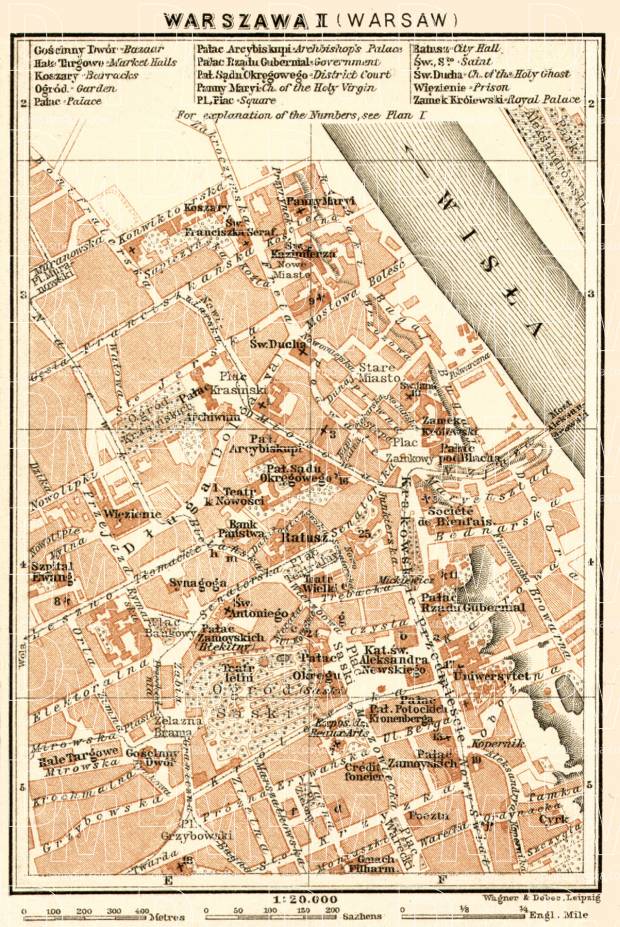 Warsaw (Варшава, Warschau, Warszawa) city centre map, 1914. Use the zooming tool to explore in higher level of detail. Obtain as a quality print or high resolution image