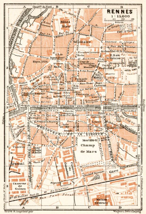 Rennes city map, 1909. Use the zooming tool to explore in higher level of detail. Obtain as a quality print or high resolution image