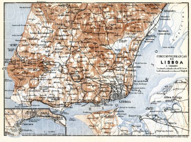 Lisbon (Lisboa) and environs map, 1913. Use the zooming tool to explore in higher level of detail. Obtain as a quality print or high resolution image