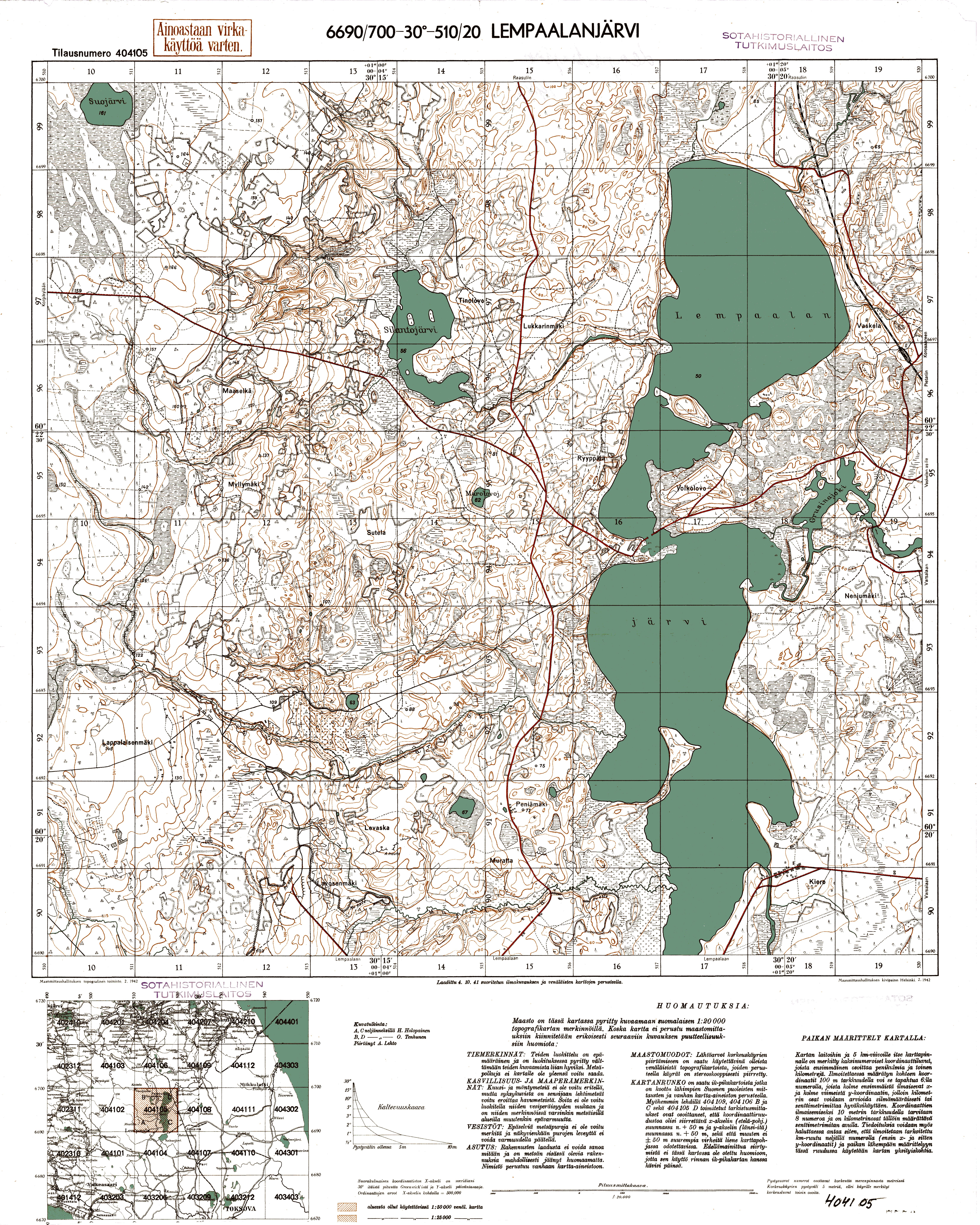Lembolovskoje Lake (Toksovo). Lempaalanjärvi. Topografikartta 404105. Topographic map from 1942. Use the zooming tool to explore in higher level of detail. Obtain as a quality print or high resolution image