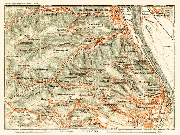 Döbling, Nussdorf and Klosterneuburg region map, 1911. Use the zooming tool to explore in higher level of detail. Obtain as a quality print or high resolution image