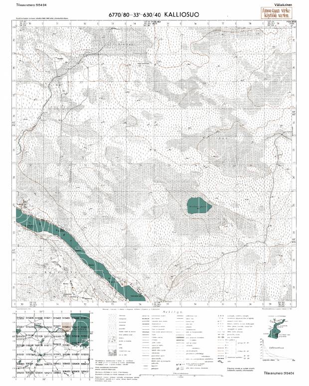 Kaldiselgskoje, Marshes. Kalliosuo. Topografikartta 515404. Topographic map from 1943. Use the zooming tool to explore in higher level of detail. Obtain as a quality print or high resolution image