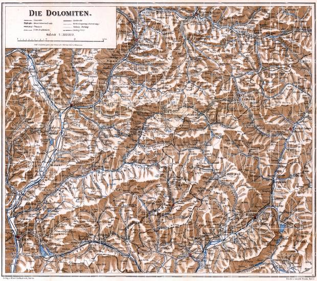 Dolomite Alps (Die Dolomiten). General map, 1911. Use the zooming tool to explore in higher level of detail. Obtain as a quality print or high resolution image