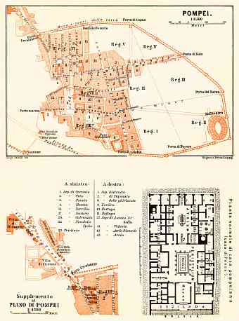 Pompei (Pompeii) general plan with typical street level inset plan, 1898