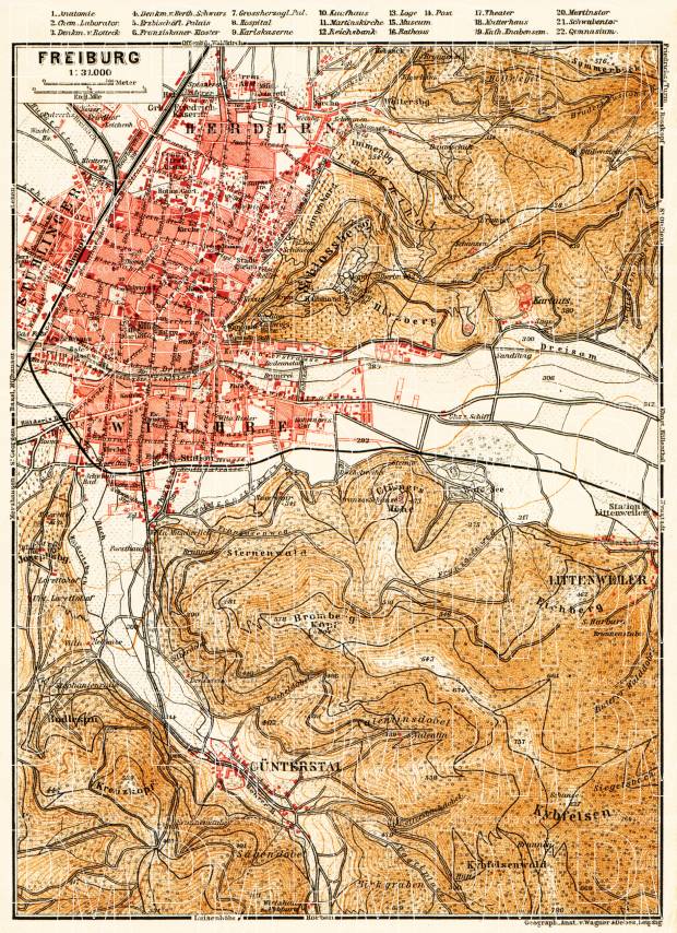 Freiburg and environs map, 1905. Use the zooming tool to explore in higher level of detail. Obtain as a quality print or high resolution image