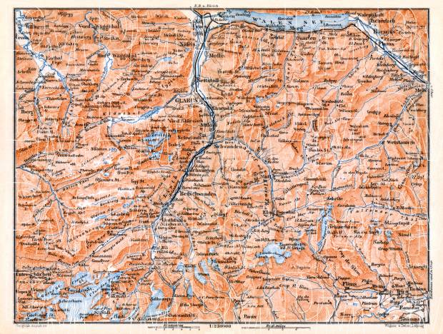 Glarus and environs map, 1897. Use the zooming tool to explore in higher level of detail. Obtain as a quality print or high resolution image