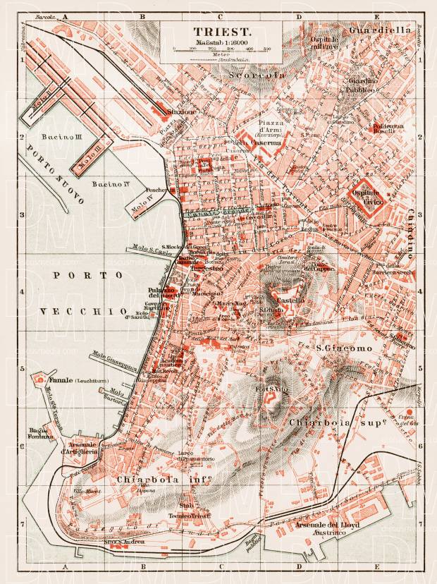 1908 antike Stadtkarte Triest historischer Stadtplan Karte Lithographie ca 