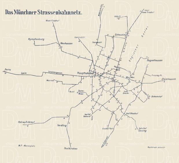 München (Munich) tram network diagram, 1910. Use the zooming tool to explore in higher level of detail. Obtain as a quality print or high resolution image