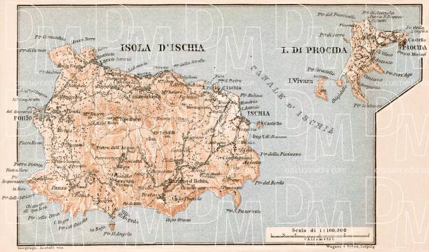Ischia and Procida Islands map, 1909. Use the zooming tool to explore in higher level of detail. Obtain as a quality print or high resolution image