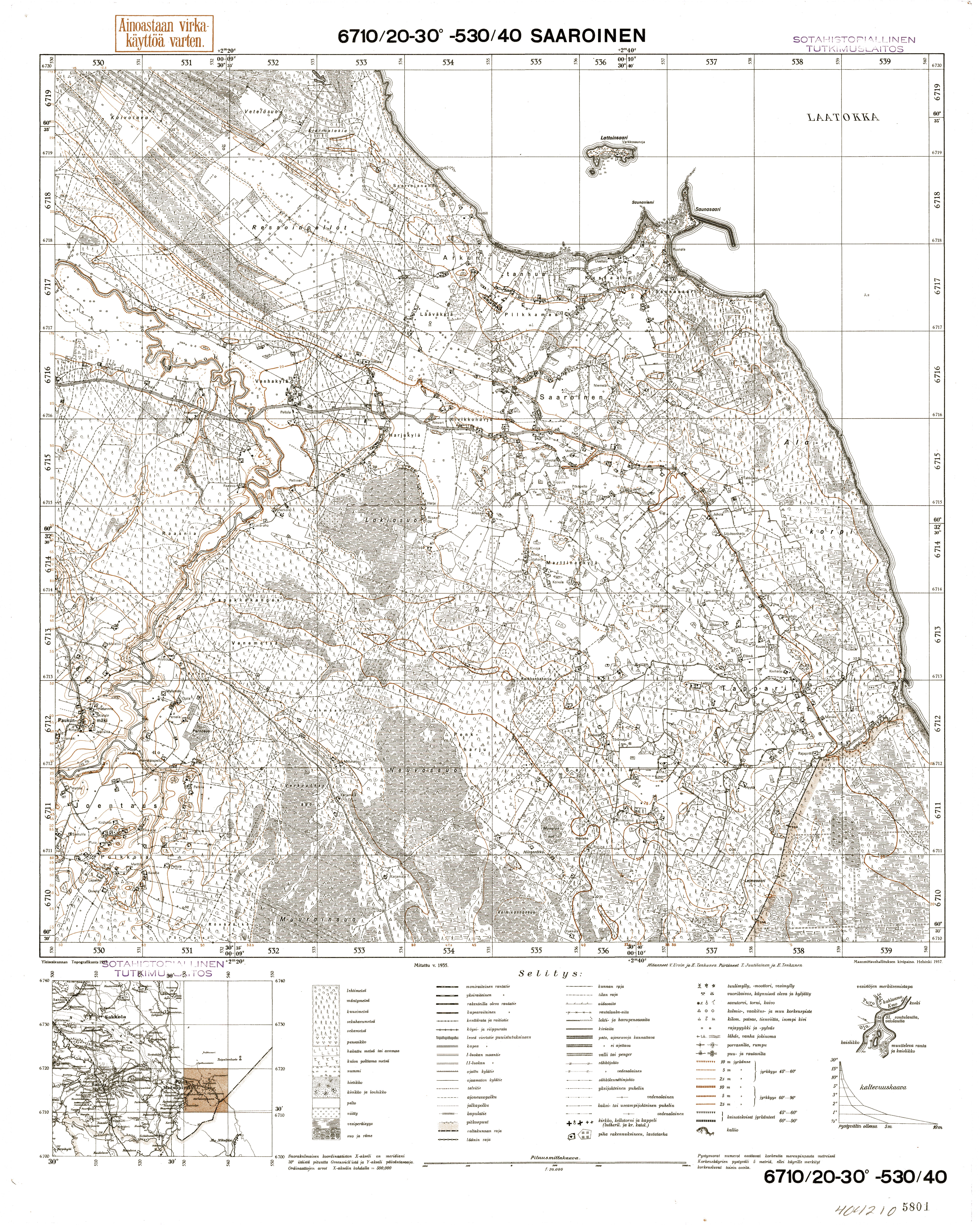 Gravijnoe Village Site. Saaroinen. Topografikartta 404210. Topographic map from 1938. Use the zooming tool to explore in higher level of detail. Obtain as a quality print or high resolution image