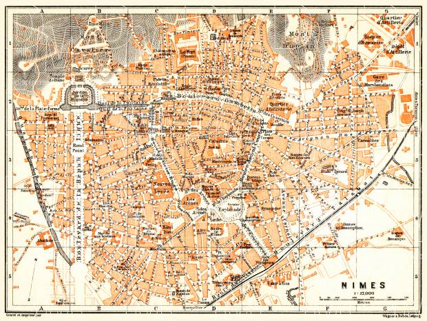 Nîmes city map, 1900. Use the zooming tool to explore in higher level of detail. Obtain as a quality print or high resolution image