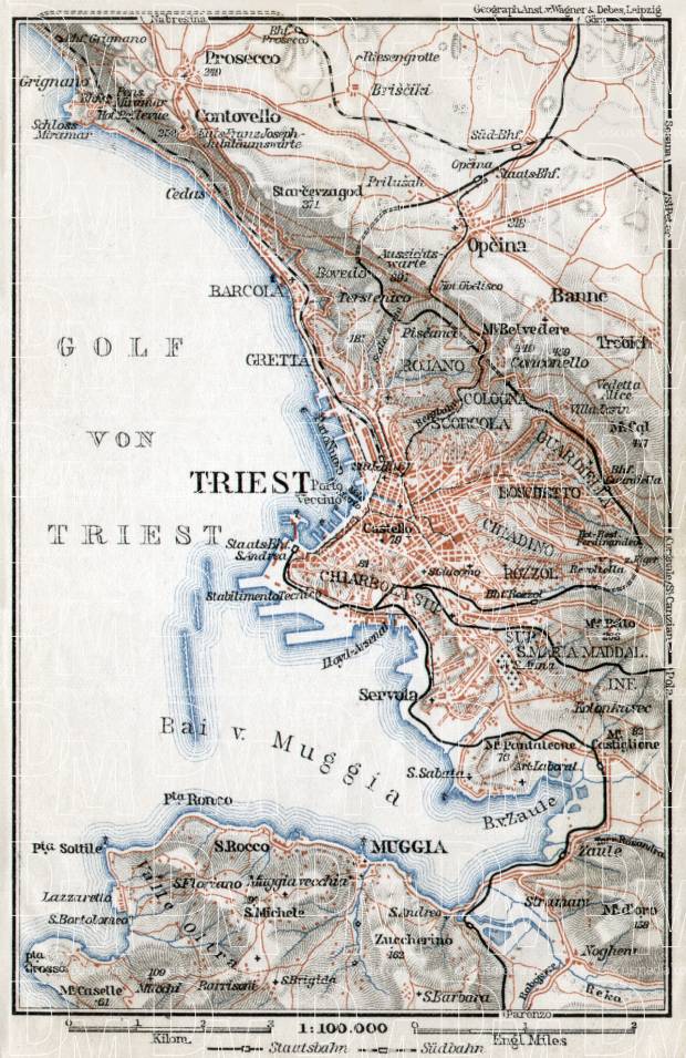 Triest (Trieste) and environs map, 1910. Use the zooming tool to explore in higher level of detail. Obtain as a quality print or high resolution image