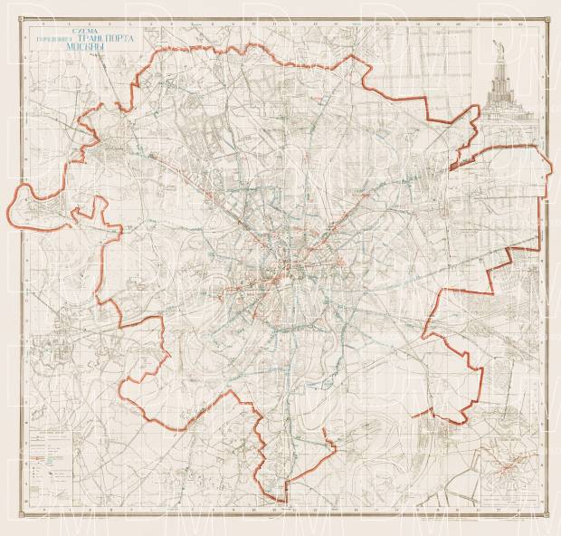 Moscow (Москва, Moskva) urban transport map, 1940. Use the zooming tool to explore in higher level of detail. Obtain as a quality print or high resolution image