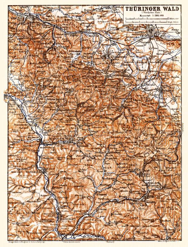 Thuringian Forest (Der Thüringer Wald) map, 1887. Western part. Use the zooming tool to explore in higher level of detail. Obtain as a quality print or high resolution image