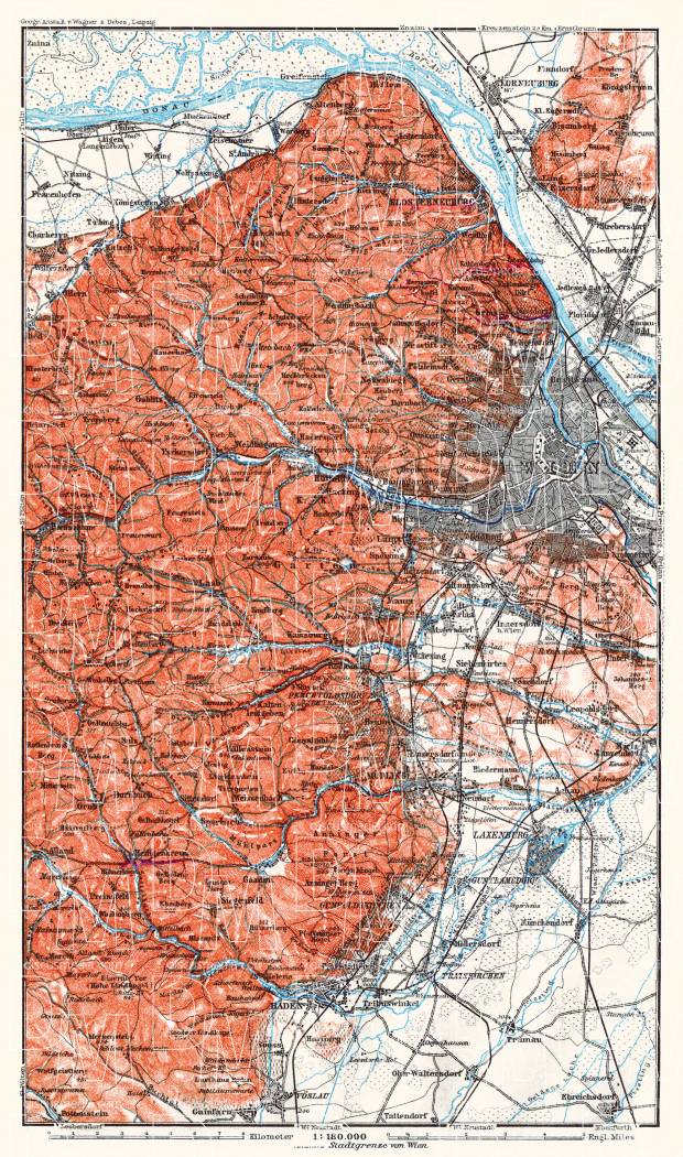 Map of the west environs of Vienna (Wien) from Klosterneuburg to Baden, 1913. Use the zooming tool to explore in higher level of detail. Obtain as a quality print or high resolution image