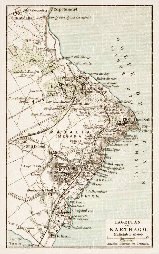 Map of the environs of Carthage. Lageplan von Karthago, 1913. Use the zooming tool to explore in higher level of detail. Obtain as a quality print or high resolution image